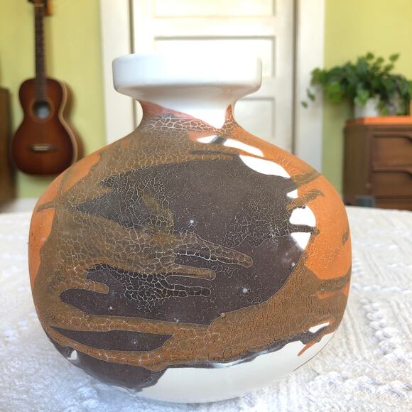 Mid‑Century Royal Haeger “Earth Wrap” crackle bud vase 7" orange brown USA - Picture 3 of 13